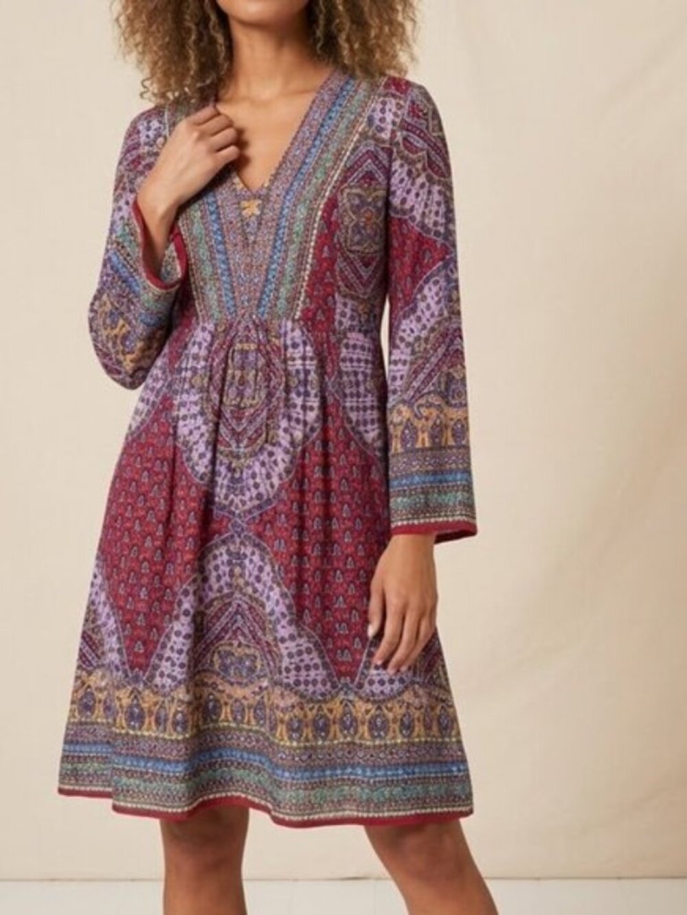 Akemi + Kin Avalon red Purple Paisley Mini Dress  Sz Small Long Bell Sleeve